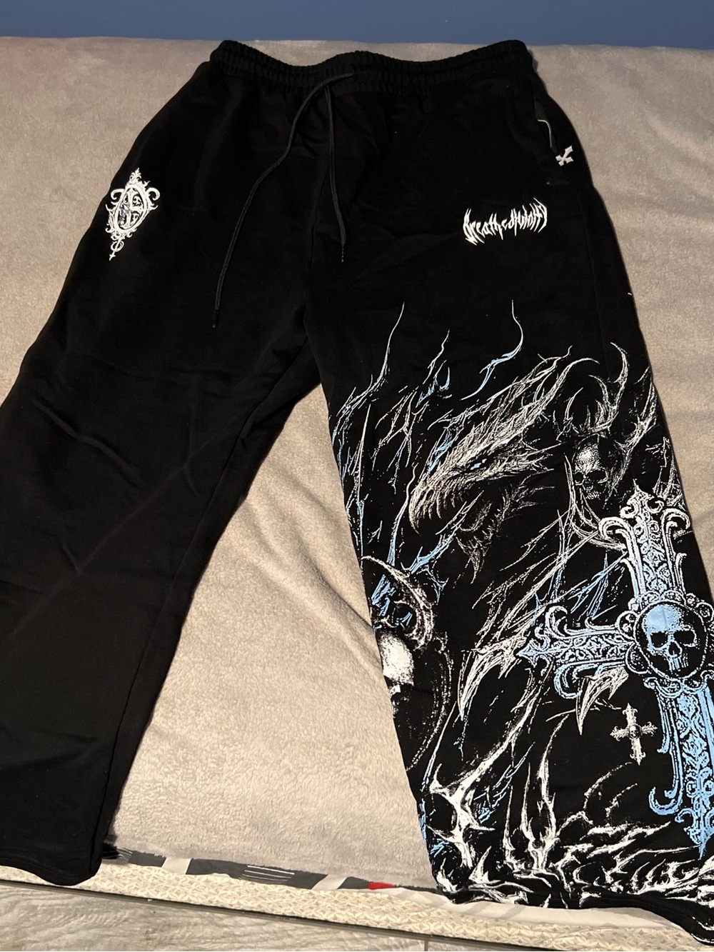 Black Graphic Joggers with Blue Skull Cross Artwork
